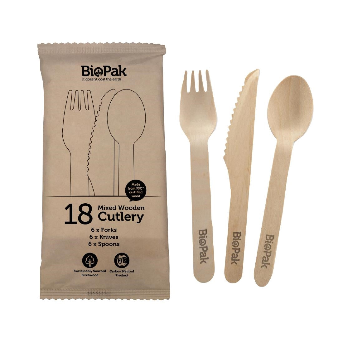 BioPak BioCultery Wooden Knife, Fork & Spoon Set 16cm (360 Pack) (16cm Retail Pack | Fork, Knife, Spoon and Napkin Set) • PAS-FZ967