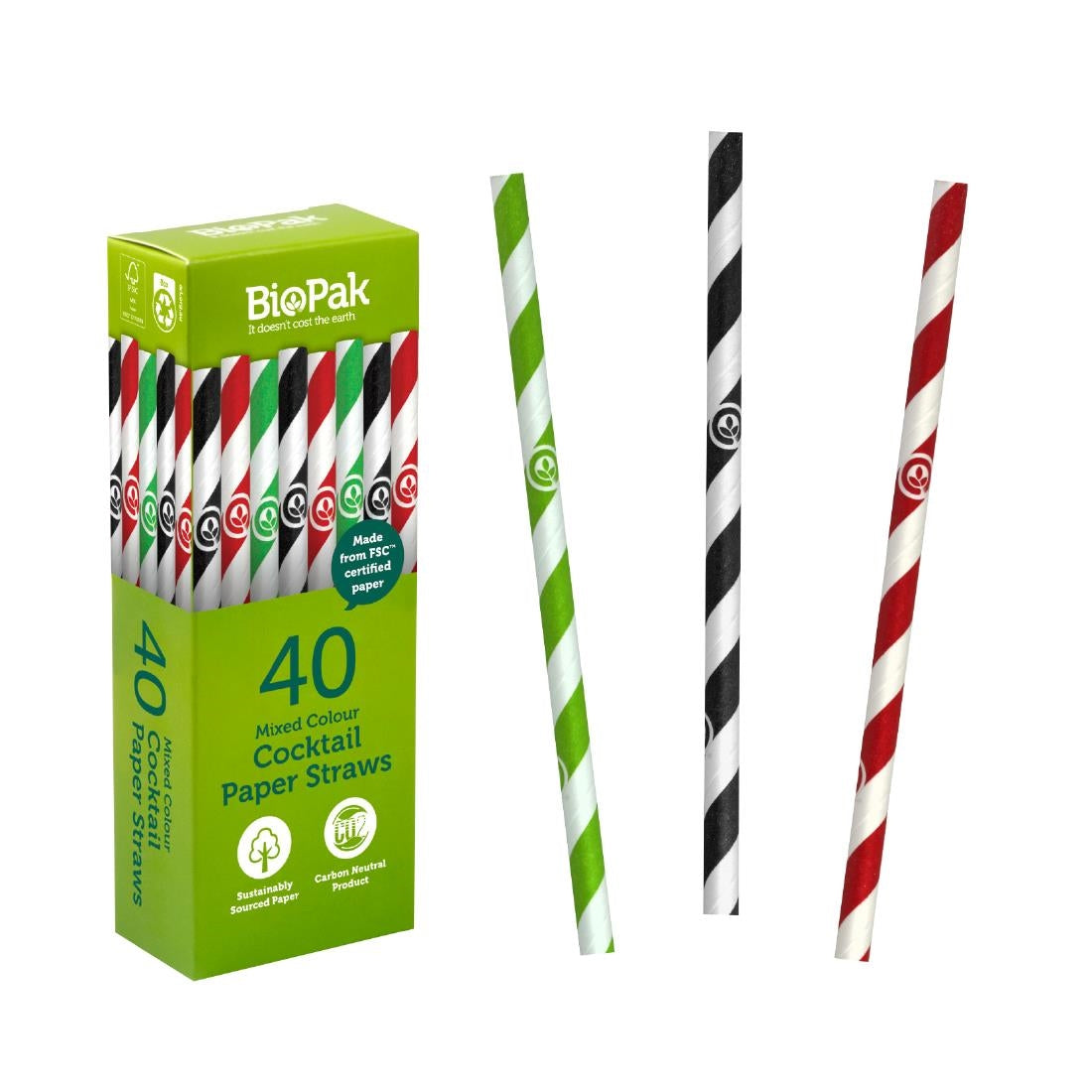 BioPak BioStraw Mixed Cocktail Straws - 6mm (40 Pack) (6mm Mixed Cocktail Straws | Pack of 40 | 3 Colours in a Pack) • PAS-FZ968
