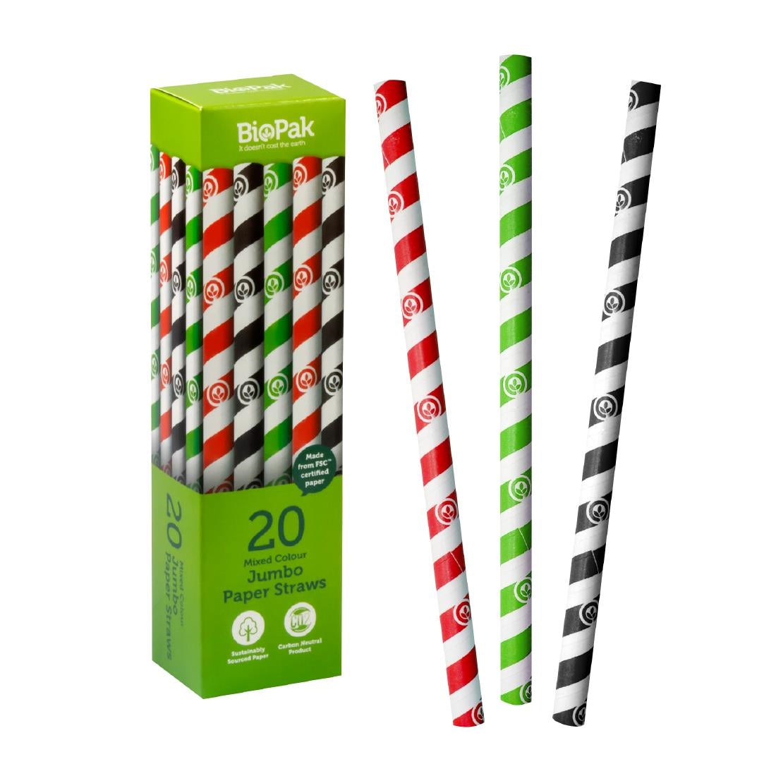 BioPak BioStraw Mixed Jumbo Straws White - 10mm (20 Pack) (10mm Mixed Regular Straws | Pack of 20 | 3 Colours in a Pack) • PAS-FZ972