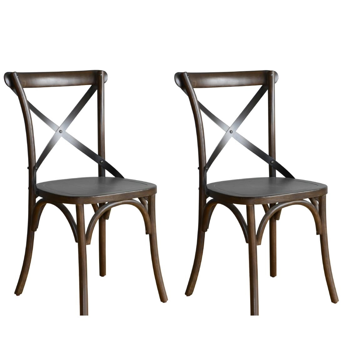 Bolero Wooden Dining Chair with Metal Cross Backrest Walnut Finish (2 Pack) • PAS-GG658