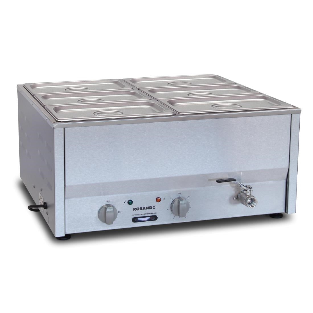 Roband Counter Top Bain-Marie c/w 6x1/3 100mm size pans and lids (B2B) (1.2kW | Wet or dry heat with tap | 6x1/3 GN pans included (100mm)) • PAS-GP893