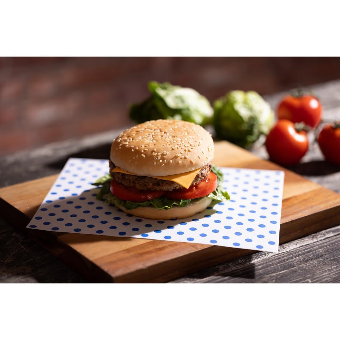 Fiesta Compostable Burger Wraps Blue Dot 250x200mm (200 Pack) (Grease-Resistant. 250(L)x200(W)mm. Pack Quantity: 200) • PAS-HY791