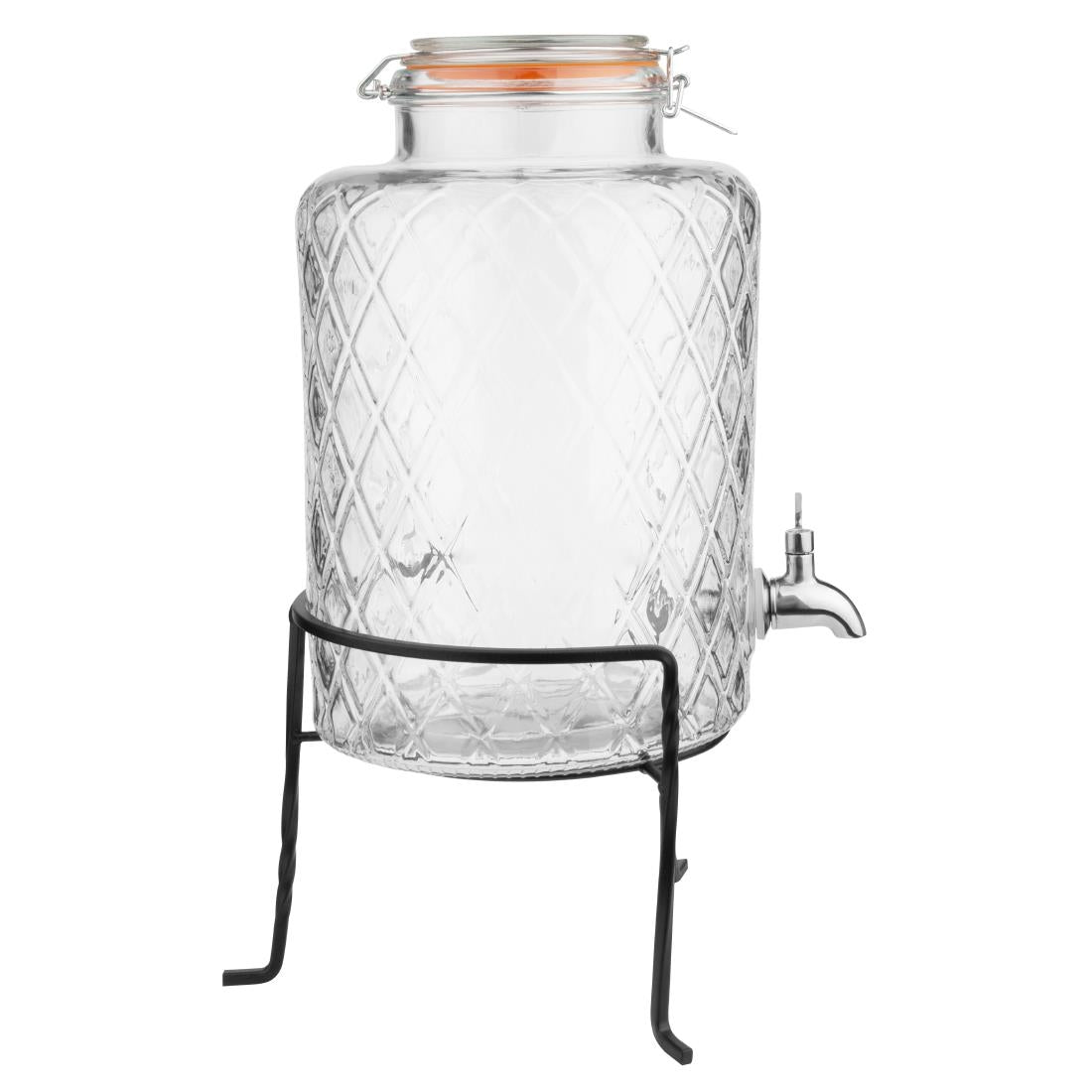 Olympia Geo Glass Clip-Top Drinks Dispenser with Wire Stand 8Ltr (330(H)x255(W)x210(D)mm. Material: Soda Lime Glass) • PAS-JB379