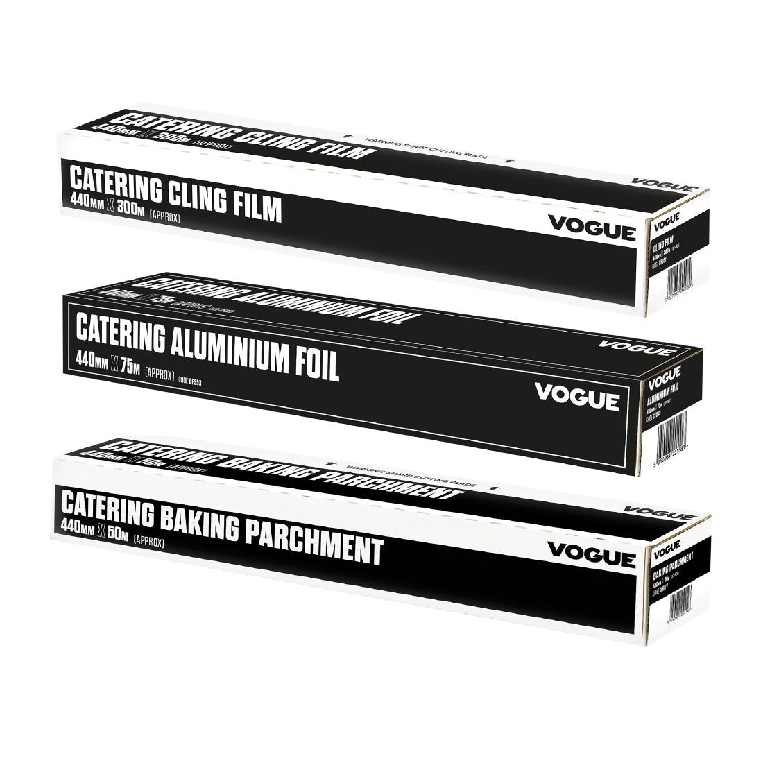 Vogue Professional Catering Pack 440mm (3 Pack) (Pack includes: 400m cling film, 75m aluminium foil and 50m baking parchment) • PAS-SA320
