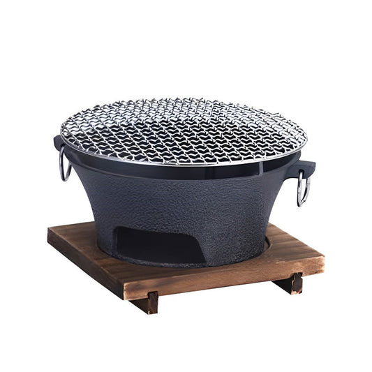 SOGA Medium Cast Iron Round Stove Charcoal Table Net Grill Japanese Style BBQ Picnic Camping with Wooden Board • LUZ-Zpai056Med