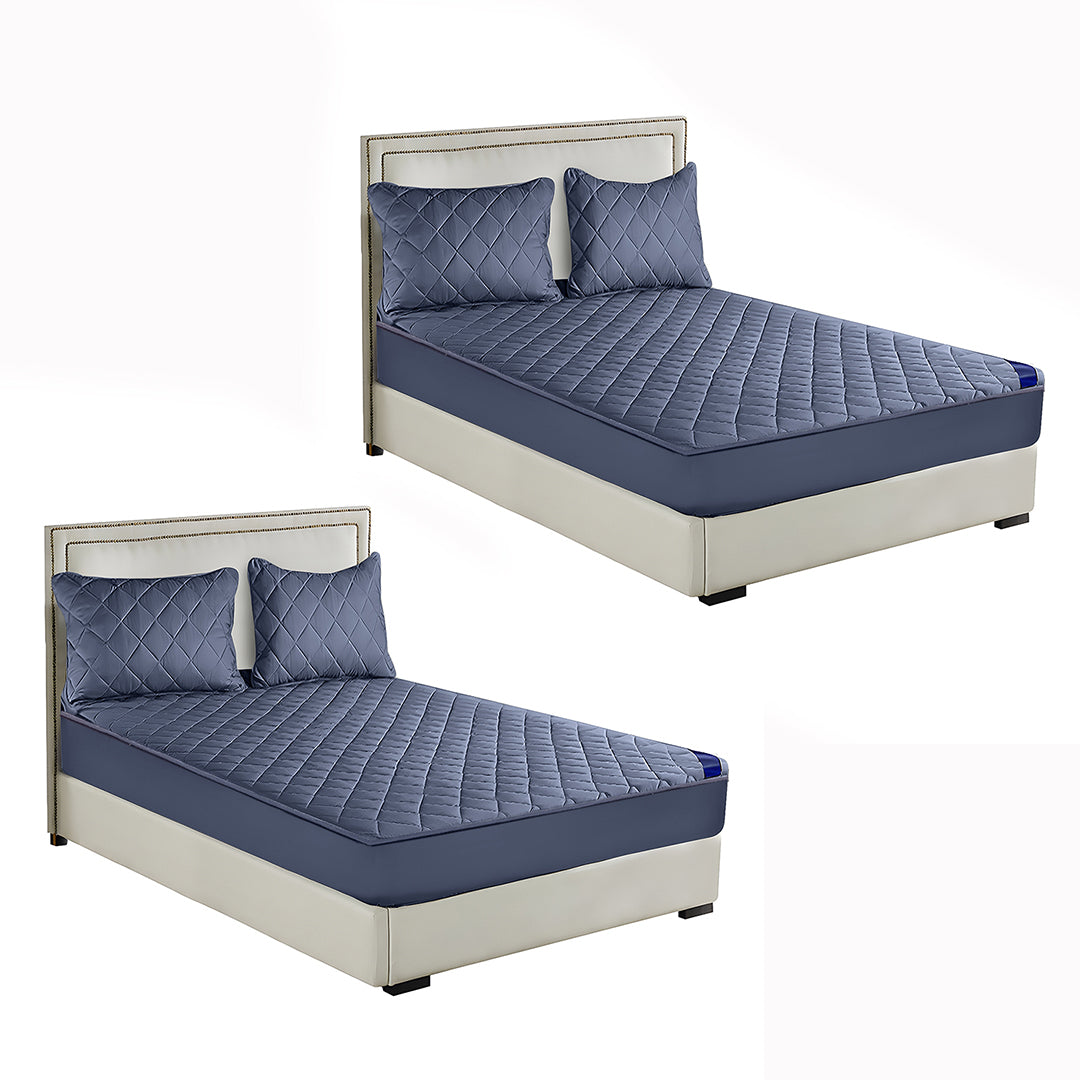 SOGA 2X Blue 153cm Wide Cross-Hatch Mattress Cover Thick Quilted Stretchable Bed Spread Sheet Protector with Pillow Covers • LUZ-BCover4009X2