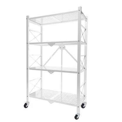 SOGA 4 Tier Steel White Foldable Display Stand Multi-Functional Shelves Portable Storage Organizer with Wheels • LUZ-KitchenXY029
