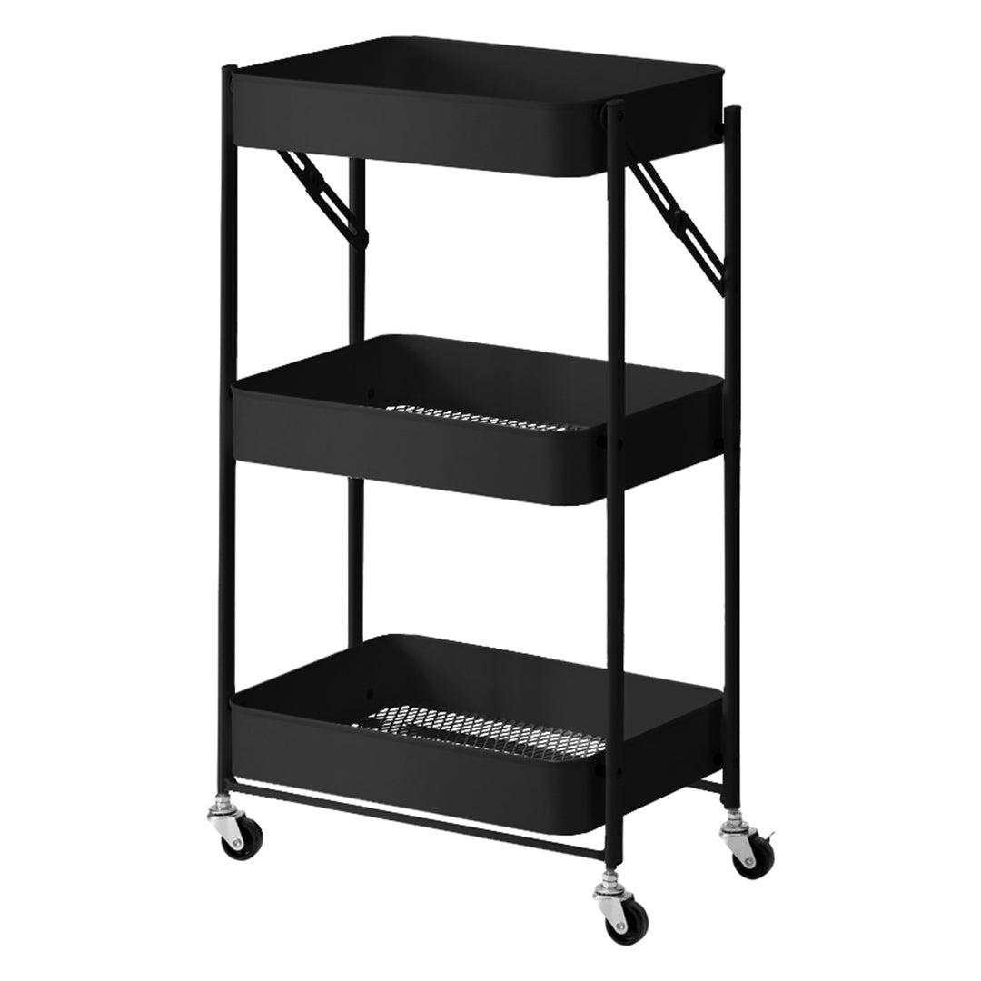 SOGA 3 Tier Steel Black Foldable Kitchen Cart Multi-Functional Shelves Portable Storage Organizer with Wheels • LUZ-KitchenXY011