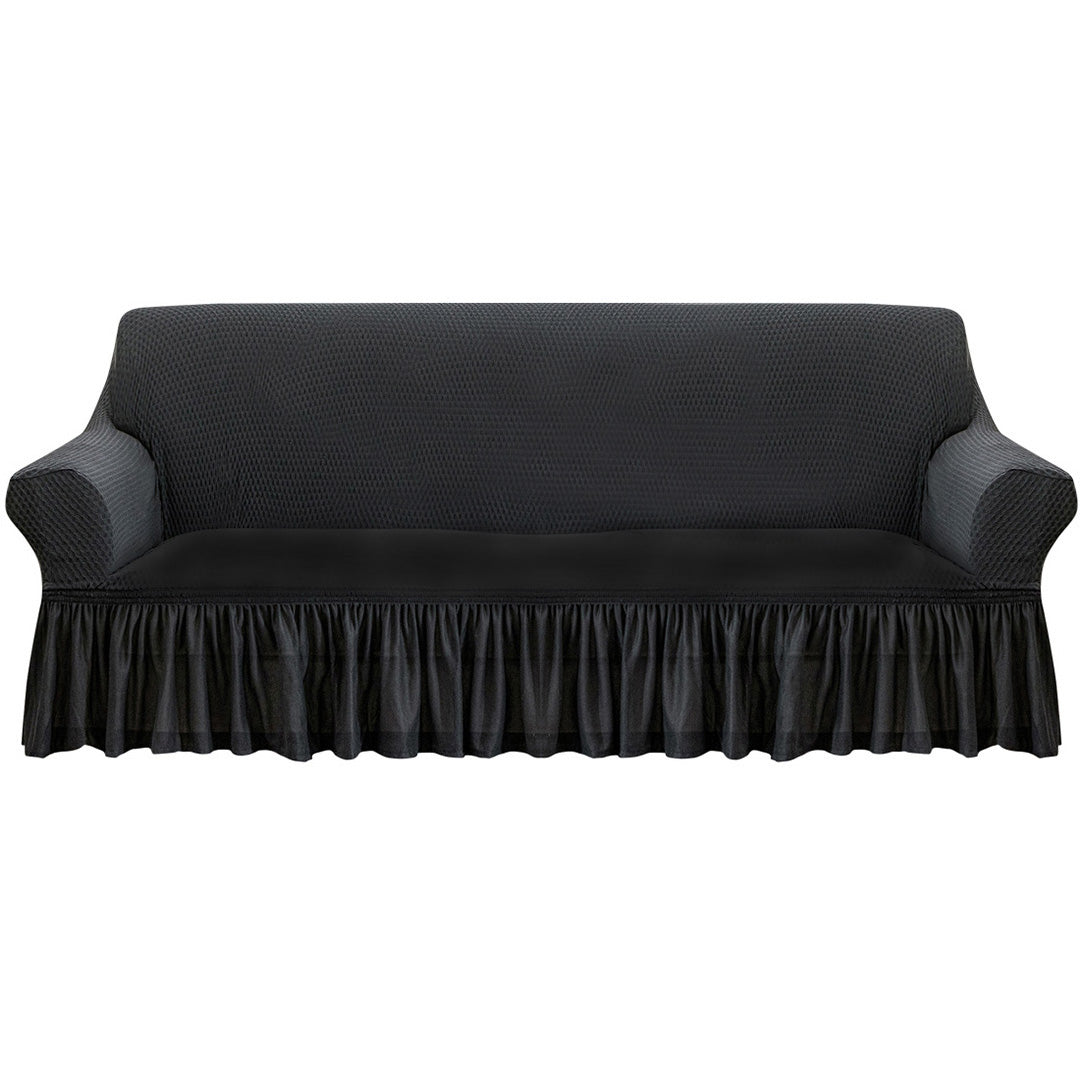 SOGA 3-Seater Dark Grey Sofa Cover with Ruffled Skirt Couch Protector High Stretch Lounge Slipcover Home Decor • LUZ-SofaCov12