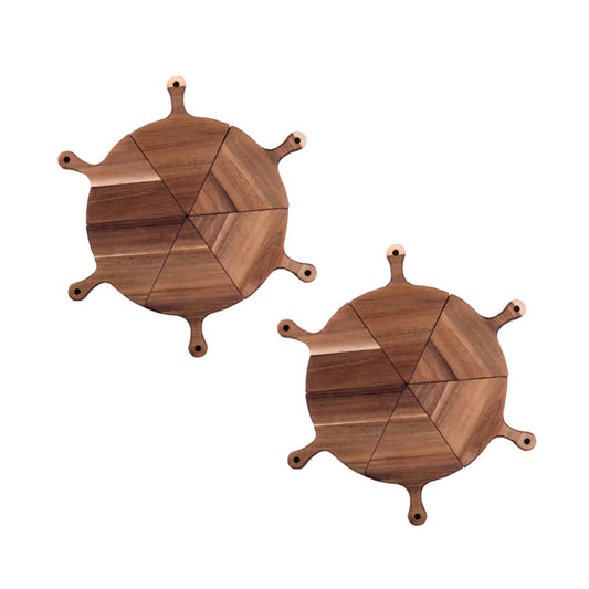 SOGA 2X  6 pcs Brown Round Divisible Wood Pizza Server Food Plate Board Pizza Paddle Cutting Board Home Decor • LUZ-WodE588X2