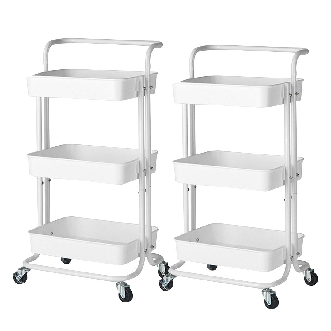 SOGA 2X 3 Tier Steel White Movable Kitchen Cart Multi-Functional Shelves Portable Storage Organizer with Wheels • LUZ-KitchenXY005X2