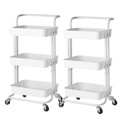 SOGA 2X 3 Tier Steel White Movable Kitchen Cart Multi-Functional Shelves Portable Storage Organizer with Wheels • LUZ-KitchenXY005X2
