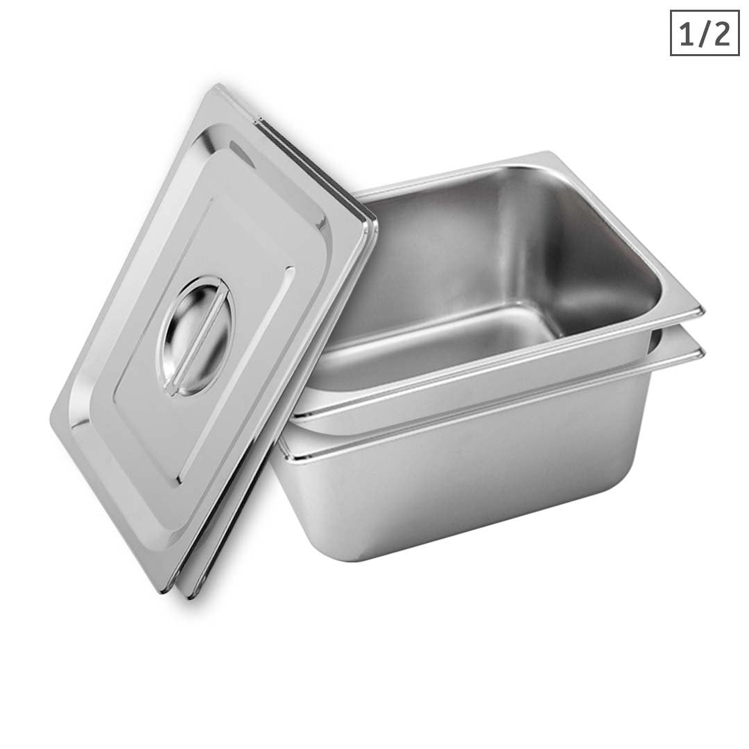 SOGA 2X Gastronorm GN Pan Full Size 1/2 GN Pan 15cm Deep Stainless Steel With Lid • LUZ-GP5411wLidX2