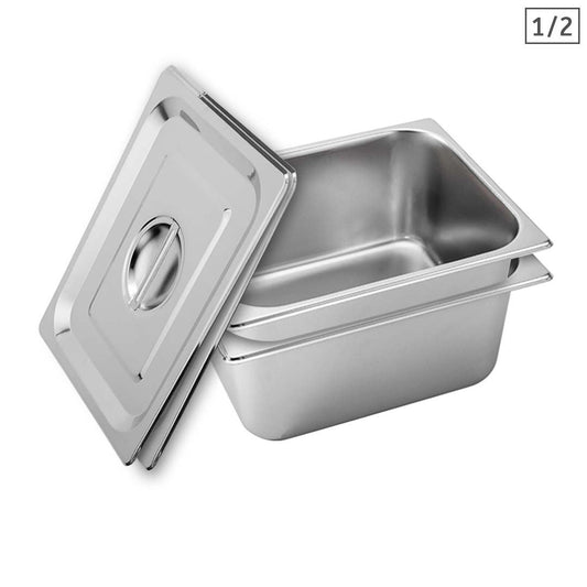 SOGA 2X Gastronorm GN Pan Full Size 1/2 GN Pan 15cm Deep Stainless Steel With Lid • LUZ-GP5411wLidX2