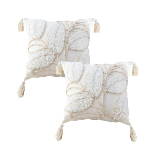 SOGA 2X 45cm Wabi-sabi Cream Flower Cover & Beige Velvet Leaf Ring Square Throw Pillow • LUZ-FrenchCushion232X2