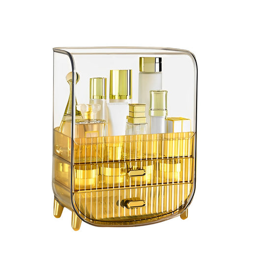 SOGA 3 Tier Golden Yellow Multifunctional Countertop Cosmetic Storage Makeup Perfume Skincare Display Stand Shelf Drawer Type Organiser LUZ-BathC126