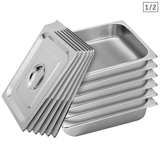 SOGA 6X Gastronorm GN Pan Full Size 1/2 GN Pan 6.5cm Deep Stainless Steel Tray With Lid • LUZ-GP5409wLidX6
