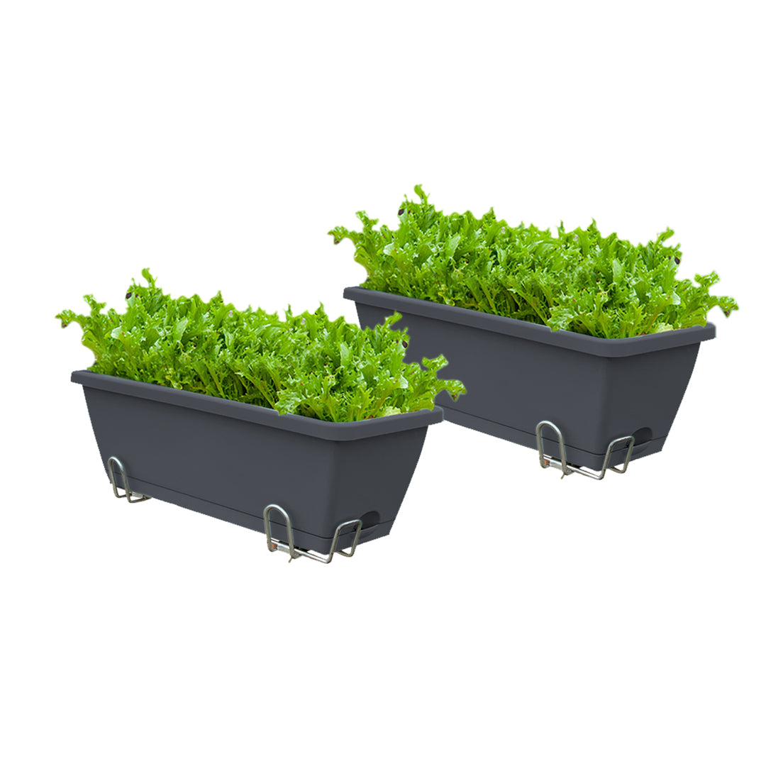 SOGA 49.5cm Black Rectangular Planter Vegetable Herb Flower Outdoor Plastic Box with Holder Balcony Garden Decor Set of 2 • LUZ-PlantBox2G