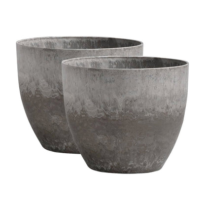 SOGA 2X 27cm Rock Grey Round Resin Plant Flower Pot in Cement Pattern Planter Cachepot for Indoor Home Office • LUZ-FPotA3207X2