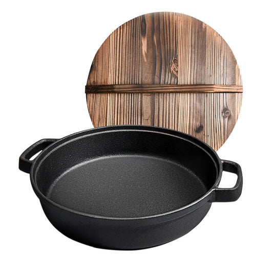 SOGA 29cm Round Cast Iron Pre-seasoned Deep Baking Pizza Frying Pan Skillet with Wooden Lid • LUZ-ZPaiC1