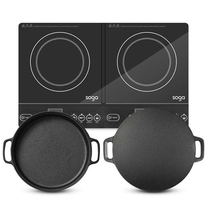SOGA Dual Burners Cooktop Stove 30cm Cast Iron Skillet and 34cm Induction Crepe Pan Cookware • LUZ-ECooktDBL-Sizzle30-CrepePan34