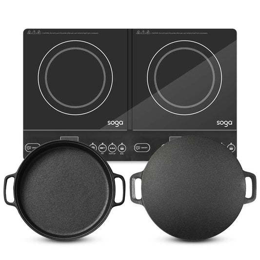 SOGA Dual Burners Cooktop Stove 30cm Cast Iron Skillet and 34cm Induction Crepe Pan Cookware • LUZ-ECooktDBL-Sizzle30-CrepePan34