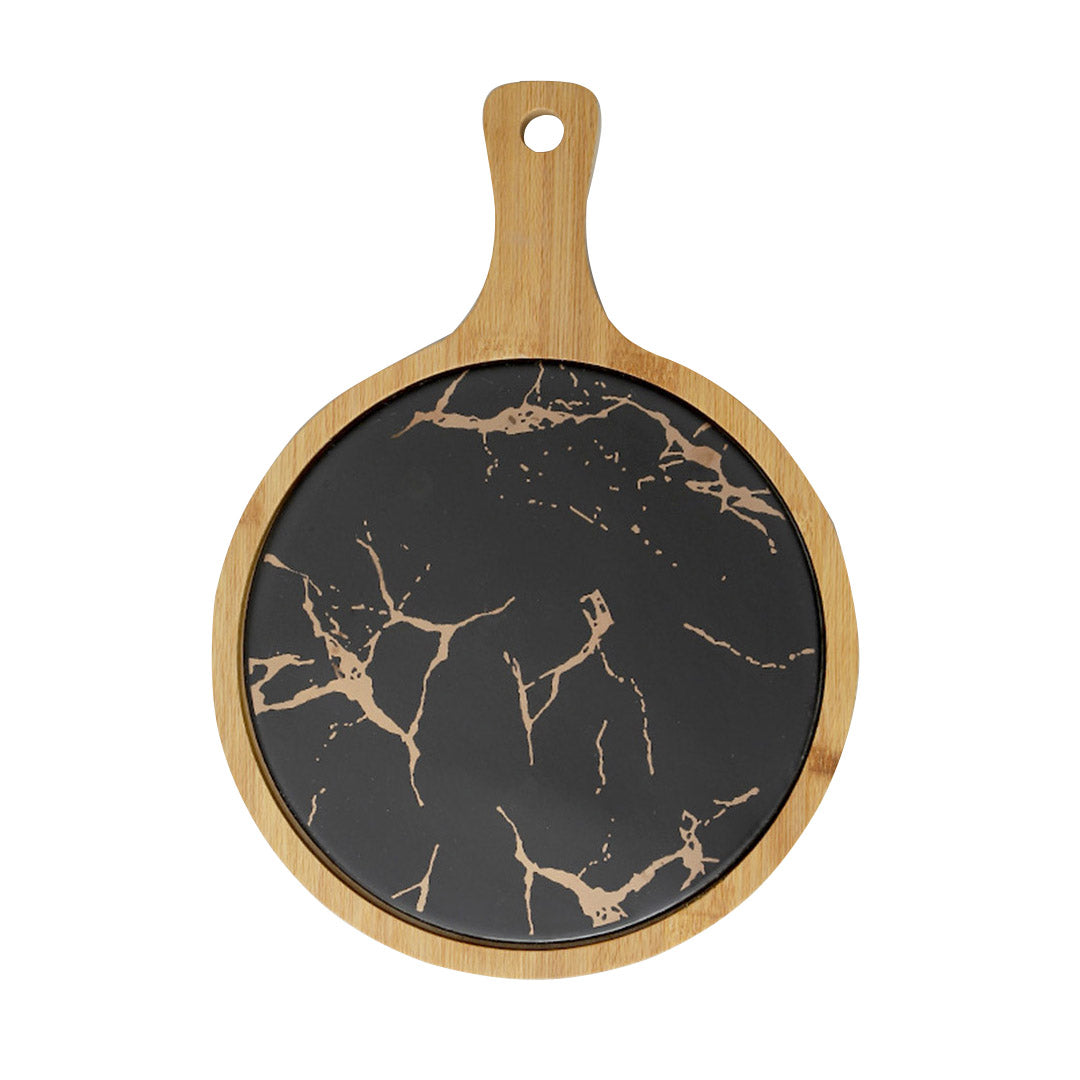 SOGA 30cm Black Circle Wooden Serving Tray Slate Steak Serving Platter Chopping Board Paddle Home Decor • LUZ-WodE593