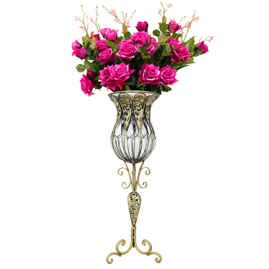 SOGA 85cm Clear Glass Tall Floor Vase with 12pcs Artificial Fake Flower Set • LUZ-Vase3019ClearwRedF12