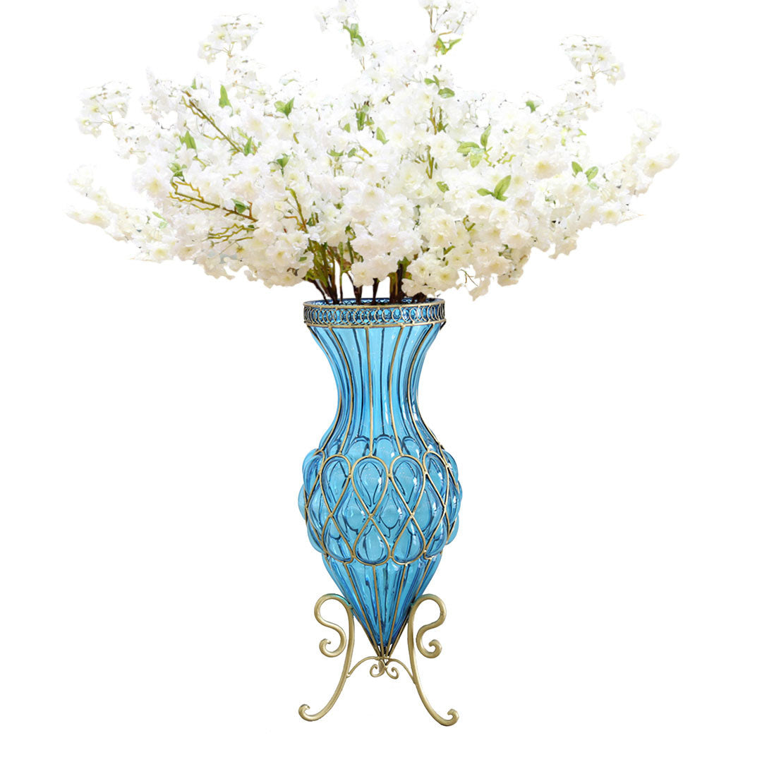 SOGA 67cm Blue Glass Tall Floor Vase with 10pcs White Artificial Fake Flower Set • LUZ-Vase0053BluewWhiteF10