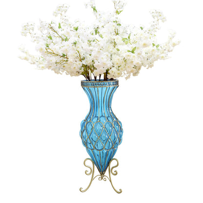 SOGA 67cm Blue Glass Tall Floor Vase with 10pcs White Artificial Fake Flower Set • LUZ-Vase0053BluewWhiteF10