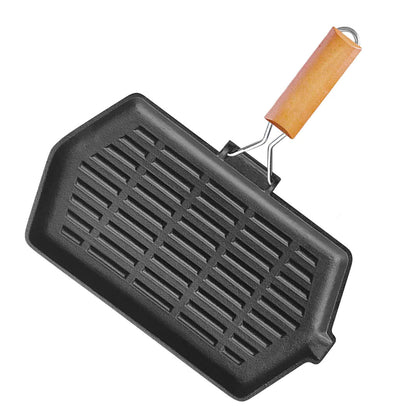 SOGA Rectangular Cast Iron Griddle Grill Frying Pan with Folding Wooden Handle • LUZ-ZPai047