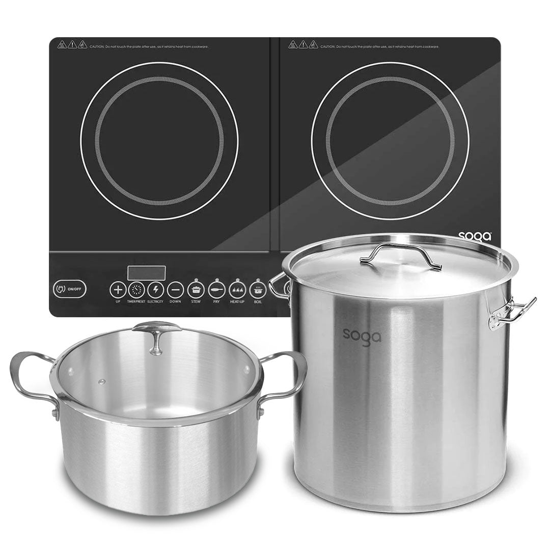 SOGA Dual Burners Cooktop Stove, 21L Stainless Steel Stockpot 30cm and 30cm Induction Casserole • LUZ-ECooktDBL-StockPot30CM-CASL4227