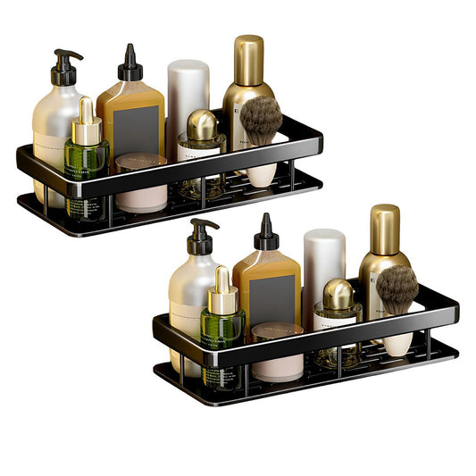 SOGA 2X Black Wall-Mounted Rectangular Bathroom Storage Organiser Space Saving Adhesive Shelf Rack LUZ-TAN1004X2