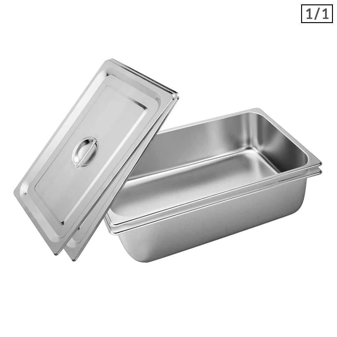 SOGA 2X Gastronorm GN Pan Full Size 1/1 GN Pan 15cm Deep Stainless Steel Tray With Lid • LUZ-GP5405wLidX2