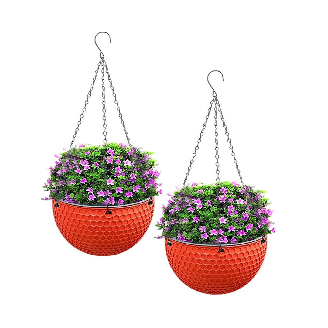 SOGA 2X Red Small Hanging Resin Flower Pot Self Watering Basket Planter Outdoor Garden Decor • LUZ-HangPot11RedX2