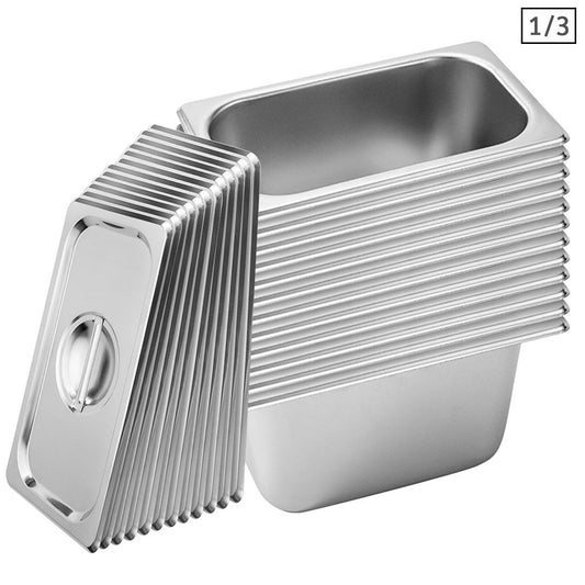 SOGA 12X Gastronorm GN Pan Full Size 1/3 GN Pan 15cm Deep Stainless Steel Tray With Lid • LUZ-GP5417wLidX12