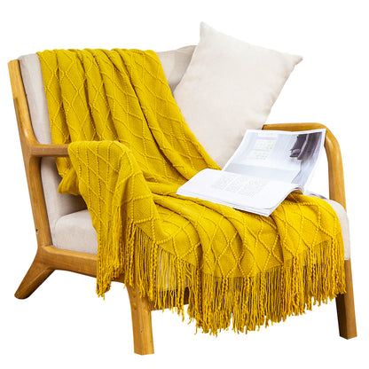SOGA Yellow Diamond Pattern Knitted Throw Blanket Warm Cozy Woven Cover Couch Bed Sofa Home Decor with Tassels • LUZ-Blanket901