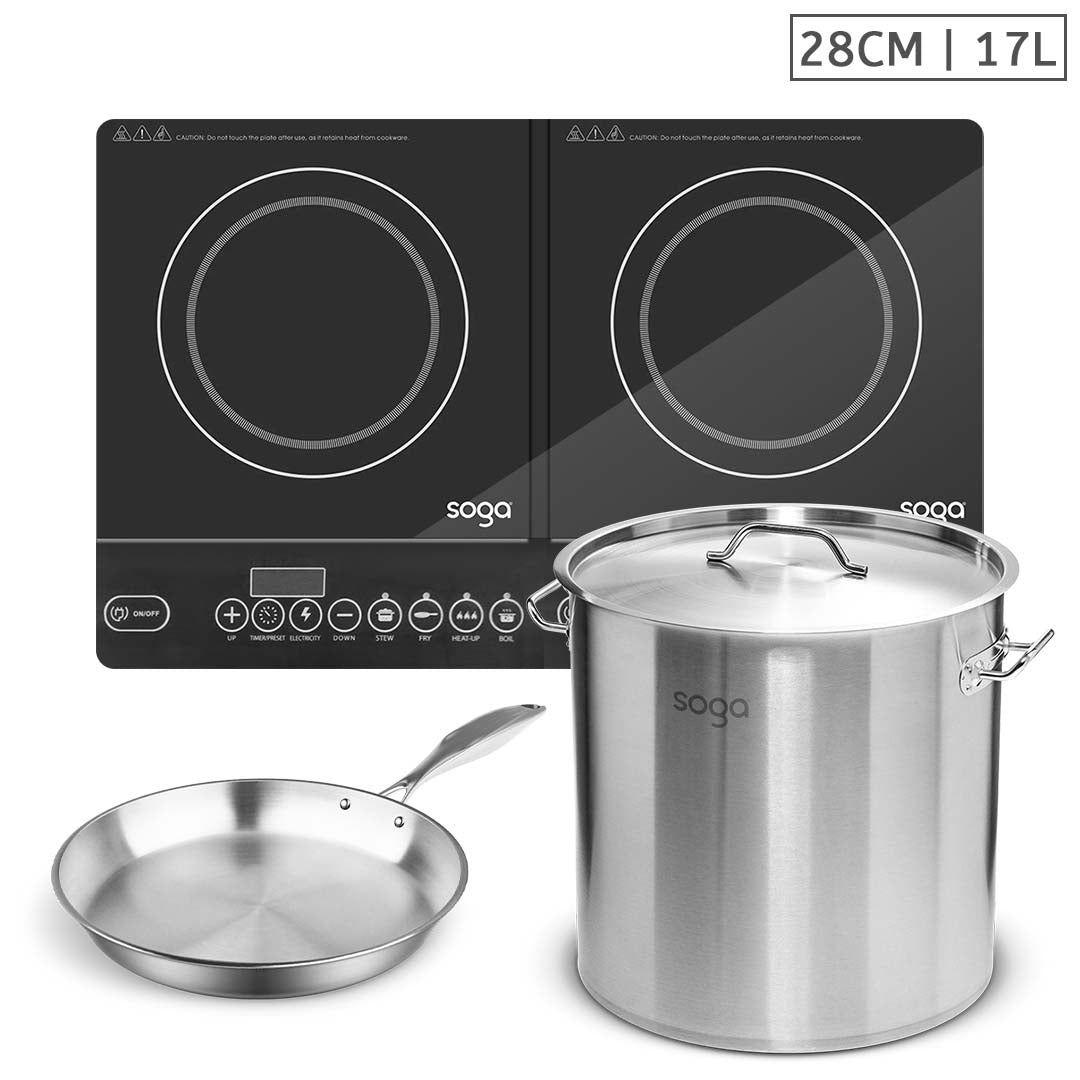 SOGA Dual Burners Cooktop Stove, 17L Stainless Steel Stockpot and 28cm Induction Fry Pan • LUZ-ECooktDBL-StockPot28CM-FRY2864