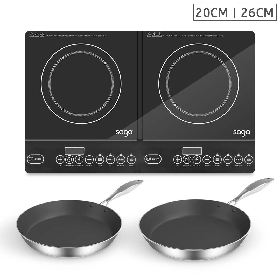 SOGA Dual Burners Cooktop Stove With 20cm and 26cm Induction Frying Pan Skillet • LUZ-ECooktDBL-FRY2868-FRY2871