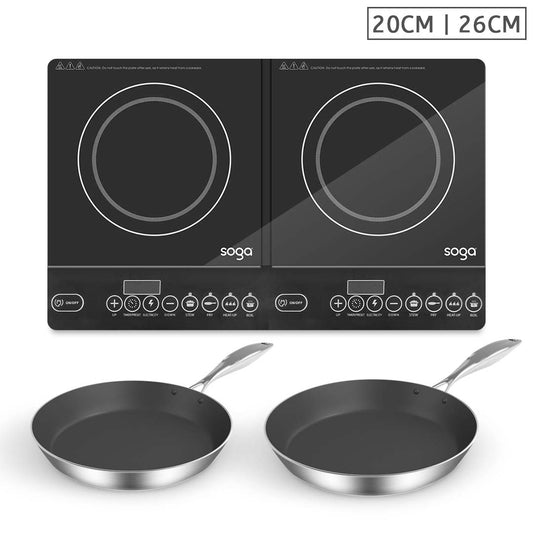 SOGA Dual Burners Cooktop Stove With 20cm and 26cm Induction Frying Pan Skillet • LUZ-ECooktDBL-FRY2868-FRY2871