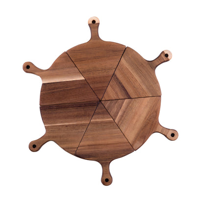 SOGA 6 pcs Brown Round Divisible Wood Pizza Server Food Plate Board Pizza Paddle Cutting Board Home Decor • LUZ-WodE588