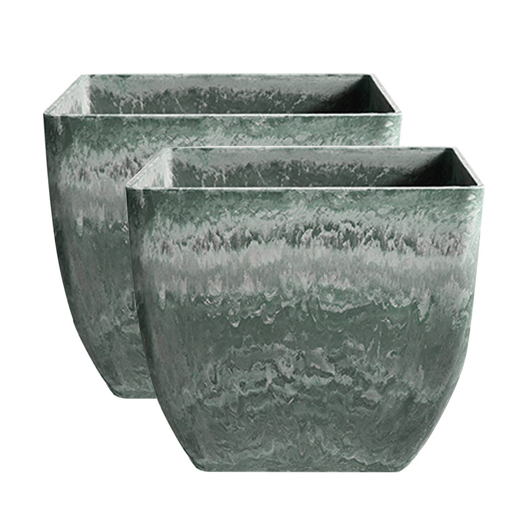 SOGA 2X 32cm Green Grey Square Resin Plant Flower Pot in Cement Pattern Planter Cachepot for Indoor Home Office • LUZ-FPotF3219X2