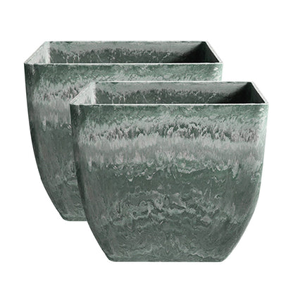 SOGA 2X 32cm Green Grey Square Resin Plant Flower Pot in Cement Pattern Planter Cachepot for Indoor Home Office • LUZ-FPotF3219X2