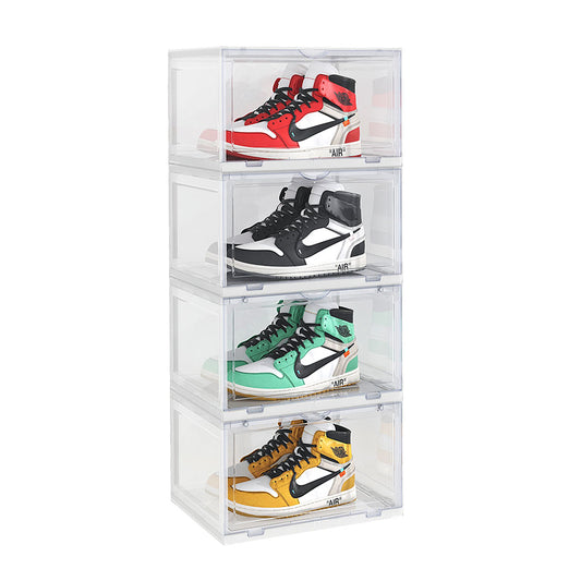 SOGA 4 Tier Transparent Portable Shoe Organiser Sneaker Footwear Folding Plastic Bin Stackable Storage Box with Magnetic Door • LUZ-ShoeA9004WHT