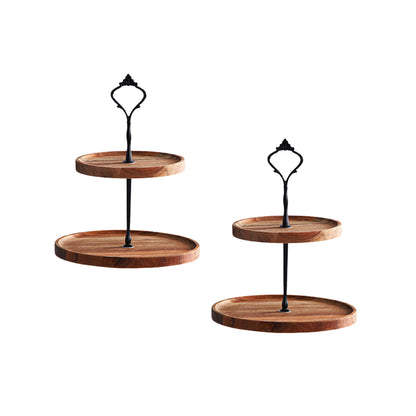 SOGA 2X 15cm 2 Tier  Brown Round Wooden Acacia Dessert Tray Cake Snacks Cupcake Stand Buffet Serving Countertop Decor • LUZ-WodC237X2