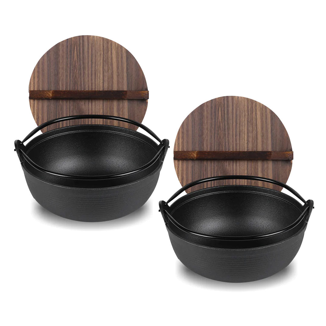 SOGA 2X 25cm Cast Iron Japanese Style Sukiyaki Tetsu Nabe Shabu Hot Pot with Wooden Lid • LUZ-ZPaiA5-25X2