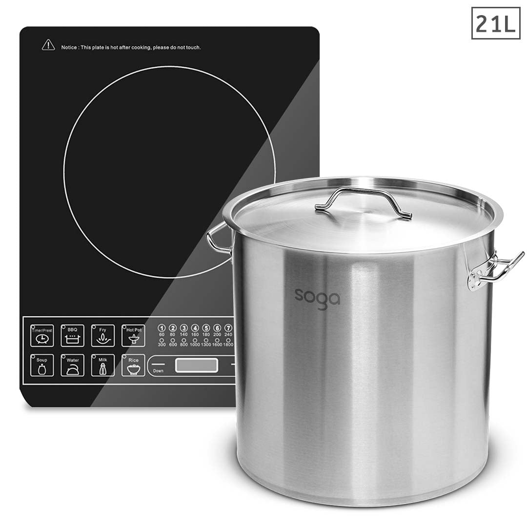 SOGA Electric Smart Induction Cooktop and 21L Stainless Steel Stockpot 30cm Stock Pot • LUZ-ECookt-StockPot30CM