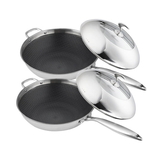 SOGA 2X 18/10 Stainless Steel Fry Pan 32cm Frying Pan Top Grade Non Stick Interior Skillet with Helper Handle and Lid • LUZ-TRIFPT32X2