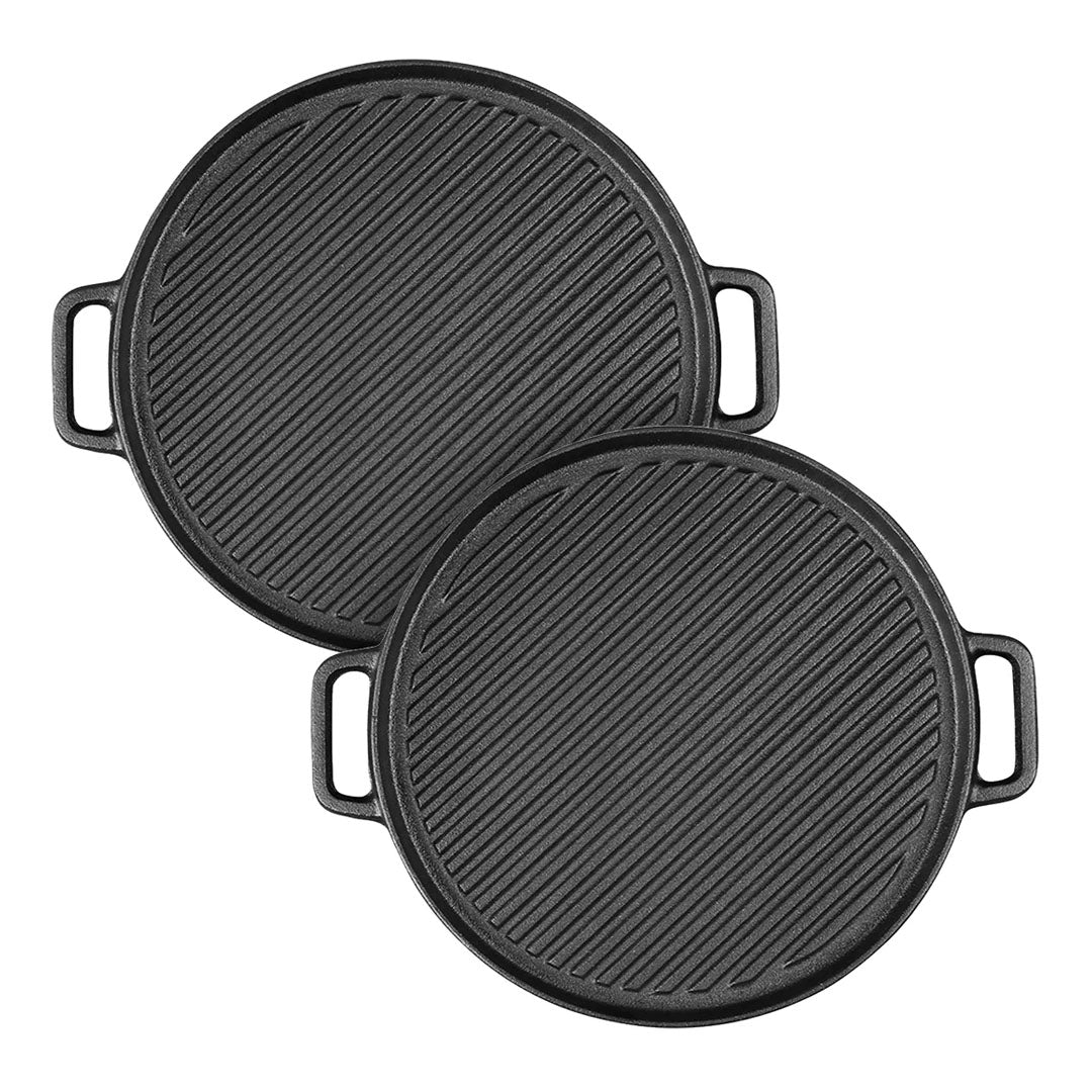 SOGA 2X 30cm Round Cast Iron Ribbed BBQ Pan Skillet Steak Sizzle Platter with Handle • LUZ-ZPai042X2