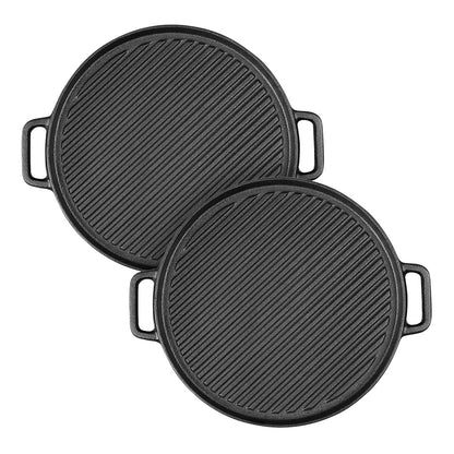 SOGA 2X 30cm Round Cast Iron Ribbed BBQ Pan Skillet Steak Sizzle Platter with Handle • LUZ-ZPai042X2